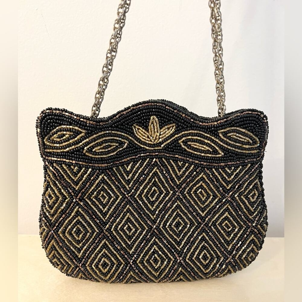 Vintage beaded clutch shoulder bag black tan mini formal events ball prom